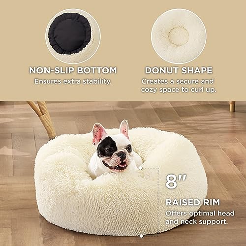 Calming Small Dog Bed Donut Washable Cat＆Puppy Bed (23"L x 23"W x 8"Th / Ivory Beige)