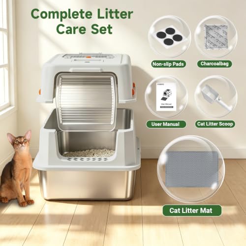 XL Enclosed Stainless Steel Litter Box with Lid (Light Grey)