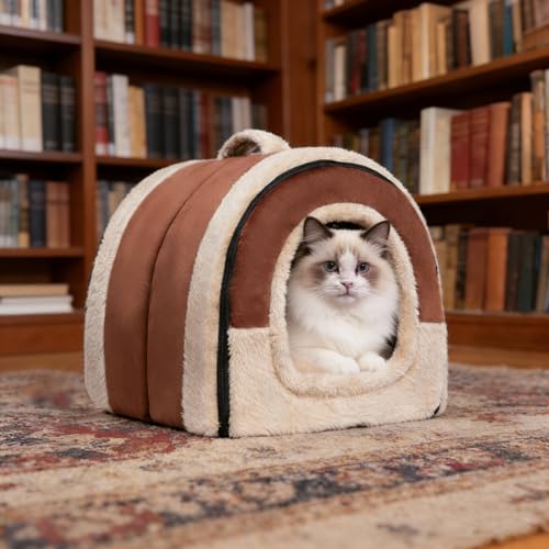 Cat Bed Cave for Indoor Cats for Pets up to 20 lbs (Brown Arched Cave)