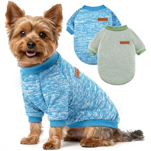 2 Pack Dog Sweaters for Small Dogs Girl Boy Winter Fleece Clothes Warm Soft Dog Sweatshirt Outfit for Dogs Cats Pet Apparel (Light Blue+Matcha Green / M (Back: 13.7", Chest: 17.7", 10-14 lbs))