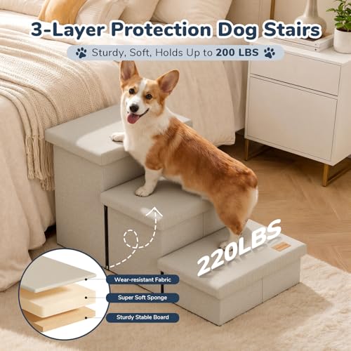 3 Step Wide Dog Stairs with Hidden Storage 18" H (Beige / 30"D x 17"W x 17.7"H)