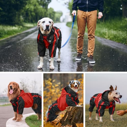 Dog Raincoat 4 Leg Waterproof Dog Rain Jacket with Hood (Red / X-Large)