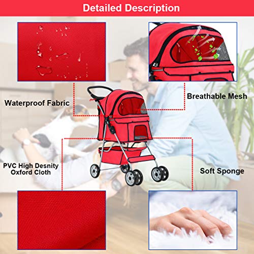 4 Wheel Foldable Pet Stroller (Red / 4 Wheels)