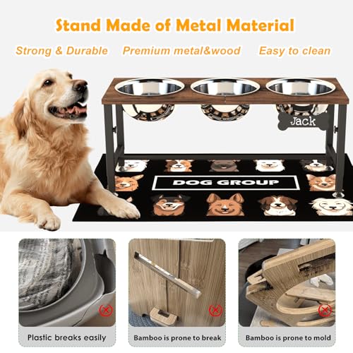 Triple Elevated Dog Bowls Stand for Multiple Dogs (Brown-L, 3 Bowls / Height:9-12.2inch)