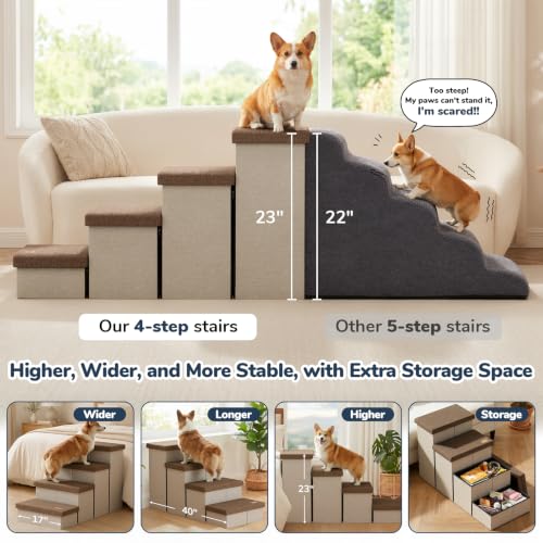 4 Step Wide Dog Stairs with Hidden Storage 23" H (Brown / 40"D x 17"W x 23"H)