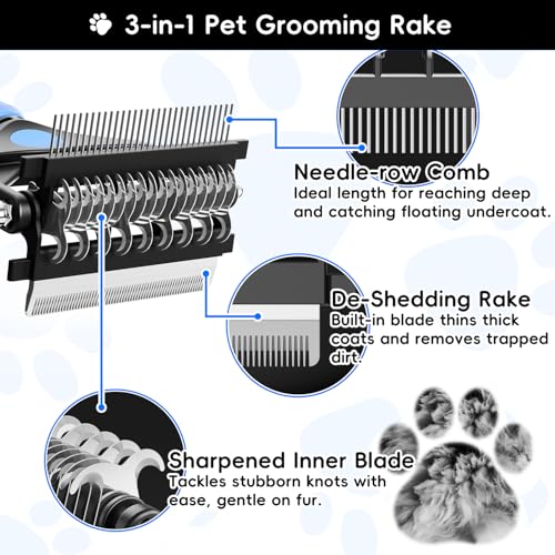 3-in-1 Professional Pet Grooming Brush for Dogs & Cats – Dematting Comb, Undercoat Rake & Deshedding Tool for Long & Short Hair, Heavy Shedding & Matted Fur (Blue) (Blue)