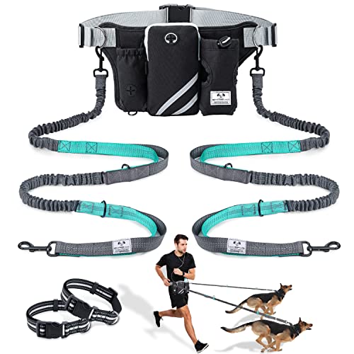 Retractable Hands Free Dog Leash with Dual Bungees for 2 Dogs (Blue/Black)