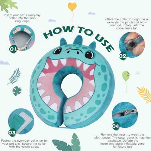 Inflatable Recovery Dog Collar (Teal Dinosaur / Medium (Neck:8''-10''))