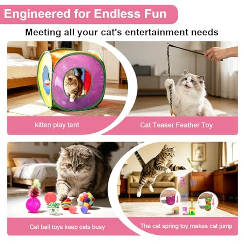 33Pcs Cat Toys Pack for Indoor Cats Kitten (Cube Tunnel Toy Set - For Cats Less Than 12lbs)