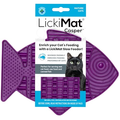 Casper, Fish-Shaped Cat Slow Feeders Lick Mat, Boredom Anxiety Reducer; Perfect for Food, Treats, Yogurt, or Peanut Butter. Fun Alternative to a Slow Feed Cat Bowl or Dish, Purple (Purple)
