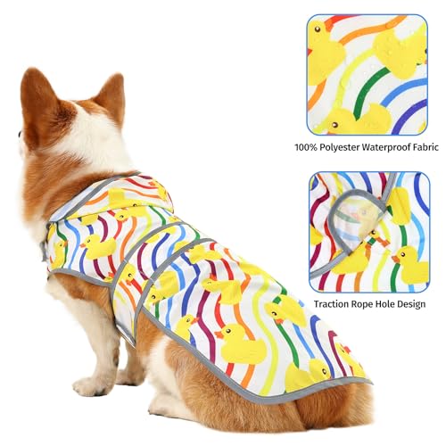 Dog Raincoat Waterproof Dog Rain Jacket with Hood (Rainbow Ducks / Large)