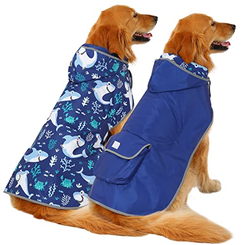 2-in-1 Reversible Dog Raincoat Hooded Poncho Rain Jacket Bl Sharks XL (X-Large / Sharks)