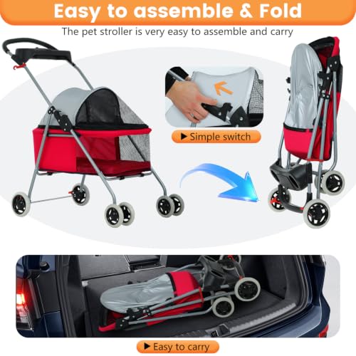 Foldable Pet Stroller for Small (Red)