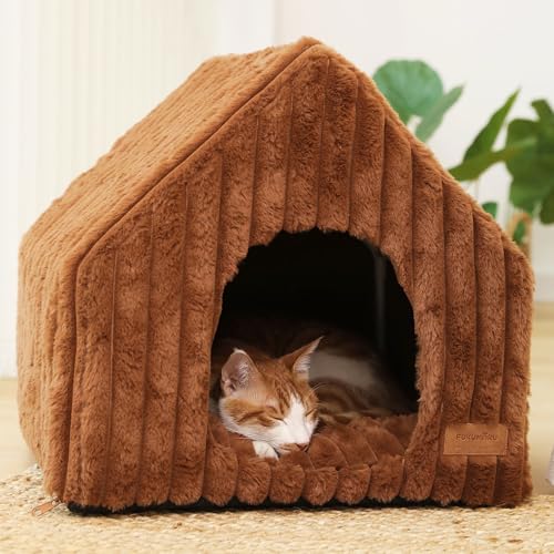 Cat Bed Cave Enclosed Washable Covered Dog Bed with Support Frame (Brown / 17 Inch (Cats up to 15 lbs, Dogs up to 10 lbs))