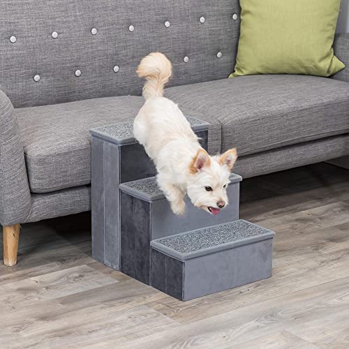 3 Step Velour Pet Stairs (Gray / 15" W x 17.7" H)