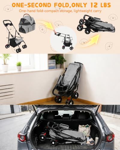 Pet Stroller 3 in1 Foldable Dog Cat Stroller with Detachable Carrier (GRAY)
