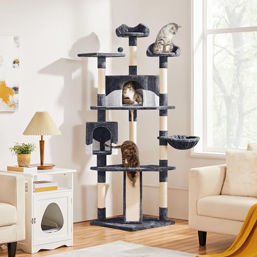 79in Multi Level Cat Tree for Multiple Cats with 9 sisal Posts (Dark Gray and White)