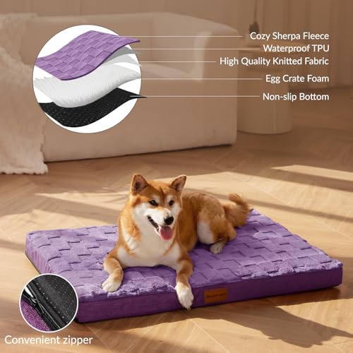 Orthopedic Large Dog Bed Washable Pet Crate Mat 48''X30'' Purple (Purple / 48"L x 30"W x 3.5"Th)
