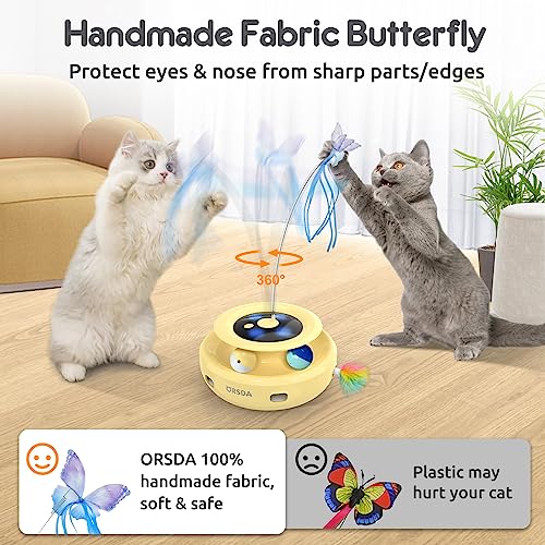 Cat Toy, 3-in-1 Automatic Interactive Electronic Moving Ambush Feather, Fluttering Butterfly, Track Balls, USB Rechargeable Powered Smart Indoor Exercise Kicker (Yellow)