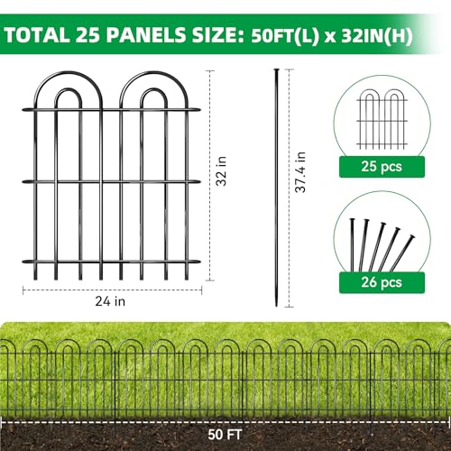 25 Panels Decorative Garden Fence (25 Panels, 32in(H) x 50ft(L) / Black)