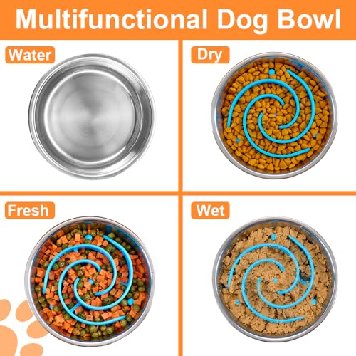 2-in-1 Metal Dog Bowl with Slow Feeder Insert, Stainless Steel Dog Bowls Food Grade 304, Water Food Bowl with Anti-Slip Silicone Base for Small, Medium, Large Dogs (2 Cups / Light blue)