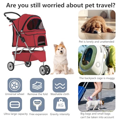 3 Wheel Foldable Pet Stroller (Red / 3 Wheels)
