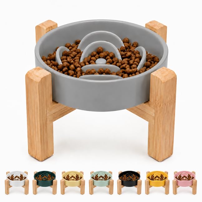 Elevated Slow Feeder Ceramic Dog Bowls 8.26in (Gray / 8.26in)