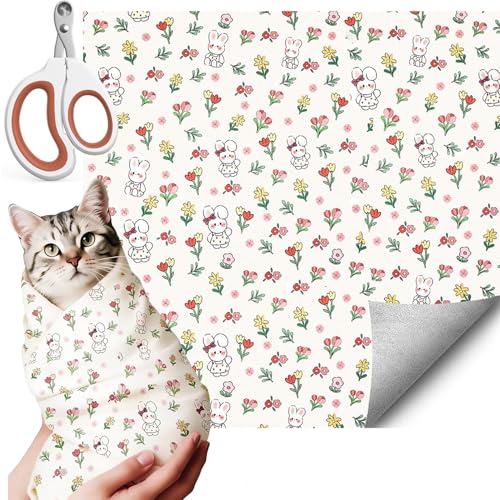 27.6‘’ Cat Grooming Wrap for Cutting Nails (L-27.6'' / Floral rabbit)