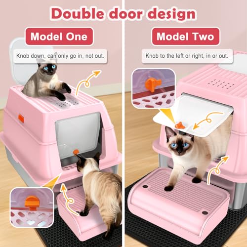 XL Stainless Steel Cat Litter Box with Lid (Pink)
