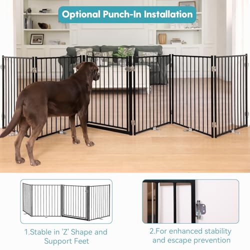 Freestanding Dog Gate with Door for Indoor & Outdoor (Black / 【8 Panels with Door】208"W×30"H)