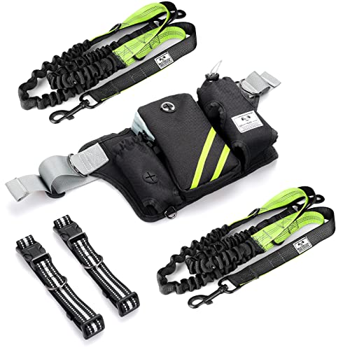 Retractable Hands Free Dog Leash with Dual Bungees for 2 Dogs (Green/Black)