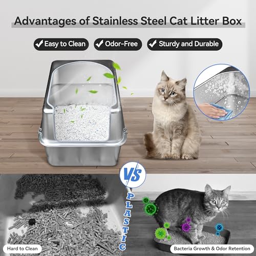Stainless Steel Litter Box with Metal Lid and Scoop (L:17.7"x13.8"x11.8")