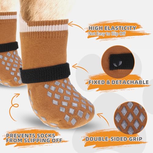 Anti Slip Dog Socks Shoes for Hot Pavement to Prevent Licking Paws Scratching (Khaki / Small (4 Pack))
