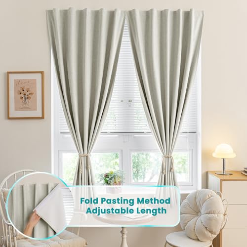 100% Blackout Magic Tape Stick On Curtains Window Shades Pull Down Blackout Window Cover No Drillng Self Adhesive Curtains No Rod Small Windows (35"W x 60"L (Pack of 1) / Light Beige)