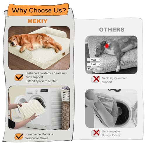 Orthopedic XL Dog Bed with Bolster for Extra Large Size Dogs (42.0"L x 30.0"W x 8.0"Th / Beige White Stripe)