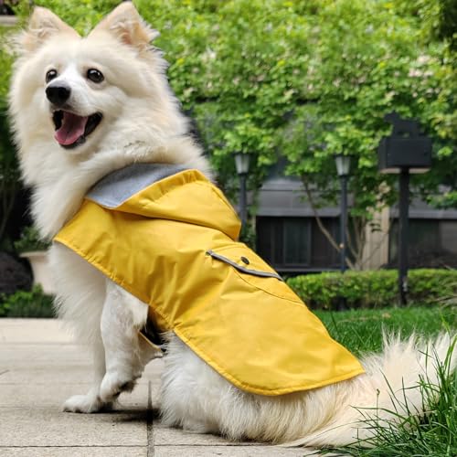 Dog Raincoat Dogs Rain Jacket Reflective Waterproof Pet Clothes Lined Poncho Rainwear Pocket Hooded Leash Hole Adjustable for Small Medium Dogs Puppy (Yellow / XS:Back Length 6.7")