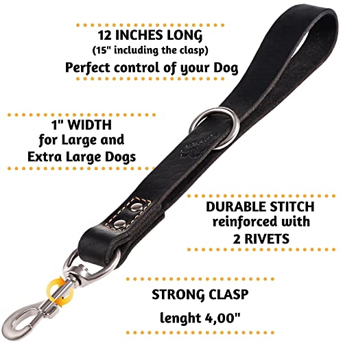 Short Leather Dog Leash 12" Length x 1" Wide (15" long x 1" width / Black)