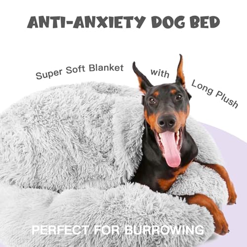 Covered Large Dog Bed with Blanket Attached Calming Burrow Light Grey (35.0"L x 35.0"W x 10.0"Th / Light Grey)