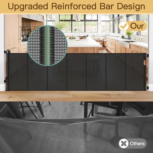 Reinforced Bottom 100 Inch Retractable Baby Gates Extra Wide Baby Gate for Large Openings (Black / 33" Tall x 100" Wide（ With Reinforced Bar ）)