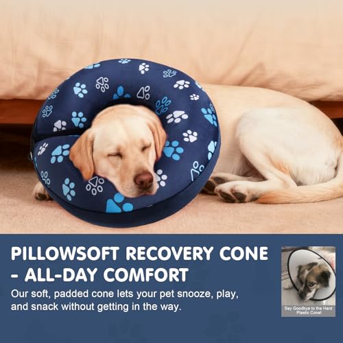 Dog Cone Collar Alternative After Surgery (Navy Blue Paw / M(Neck:13"-16"))