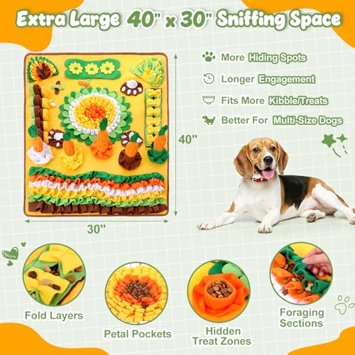 Large Snuffle Mat for Dogs Set 40'' x 30'' Colorful Nosework Feeding Mat with 5 Squeaky Carrots Cotton and 1 Cotton Rope Toy Interactive Foraging Puzzle for Stress Relief Slow Feeding