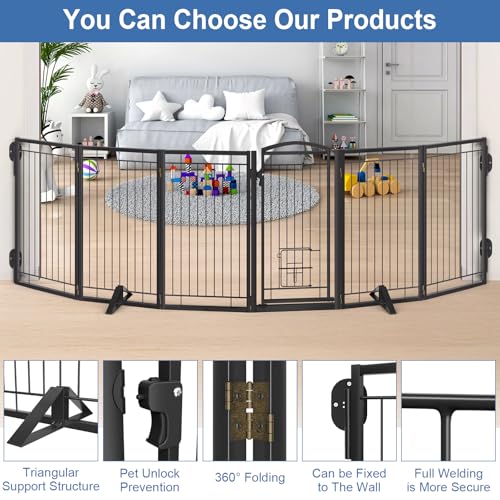 Full Metal Freestanding Dog Gate with Cat Door for Indoor & Outdoor (Black / 【6 Panels with Door】120"W×36"H)
