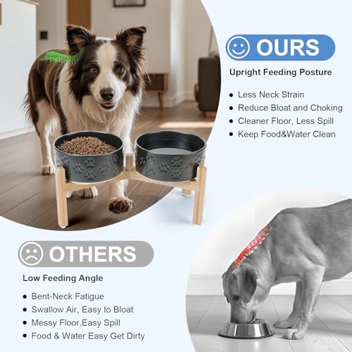 Elevated Dog Bowls Ceramic (7.3 in - 5.3 cups / Paw Black)