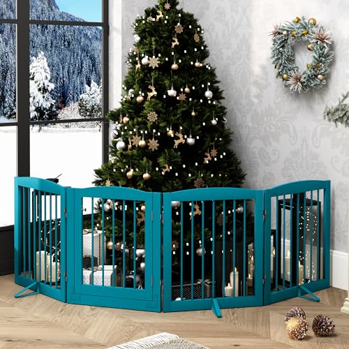Freestanding Dog Gate with Door (4 Panel 24" / Blue)