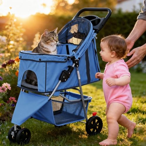 Foldable 3 Wheel Pet Stroller for Dogs and Cats (Blue / 29.13"×39.37"×17.71")