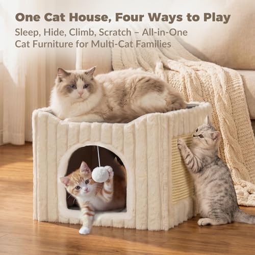 3-in-1 Cat Cave Bed for Indoor Cats with Scratch Pad (Cream)