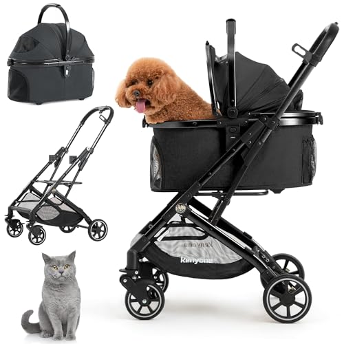 3-in-1 Pet Stroller for Small Medium Dogs Puppy Cat Stroller with Detachable Carrier & Pad Lightweight Foldable Aluminum Alloy Frame Dual No-Zip Entry(Black) (Black)