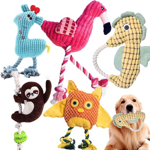 5 Pack Plush Dog Toys with Rope