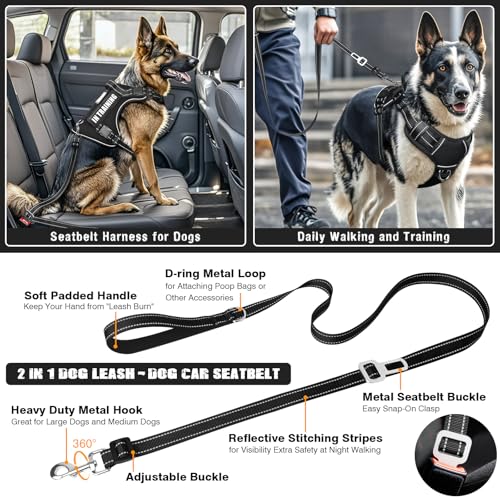 Tactical Dog Harness and Leash Set with 10 Patches for Large Dogs (X-Large / Black)