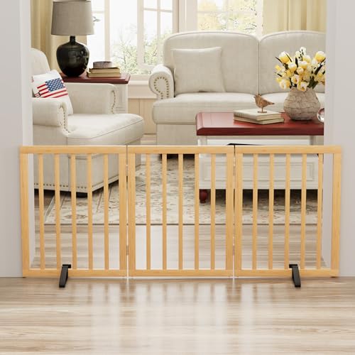 Dog Gates for Doorways Stairs (Bamboo Dog Gate Natural / 3 Panel - 55 inches Wide)